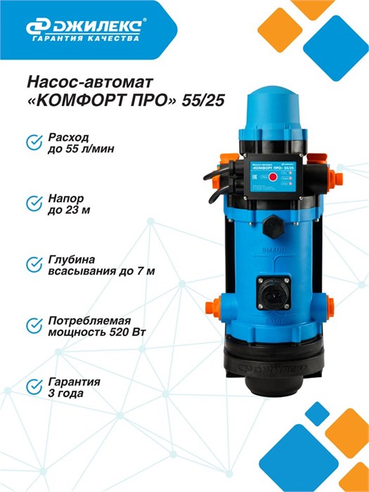 Поверхостный насос-автомат Джилекс КОМФОРТ ПРО 55/25 55л. мин., Н 25м. для дома и дачи JLX4007 - фото 7688